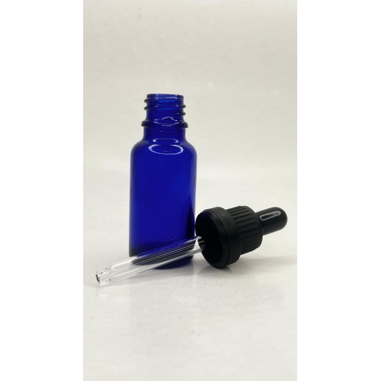 20 ml Mavi Cam Damlalıklı Şişe Siyah Kapak Siyah Emzik
