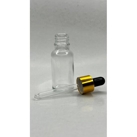 20 ml Şeffaf Cam Damlalıklı Şişe Gold Kapak Siyah Emzik