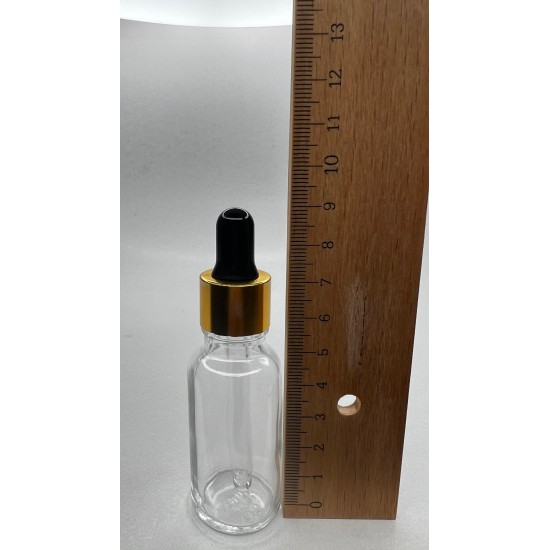 20 ml Şeffaf Cam Damlalıklı Şişe Gold Kapak Siyah Emzik