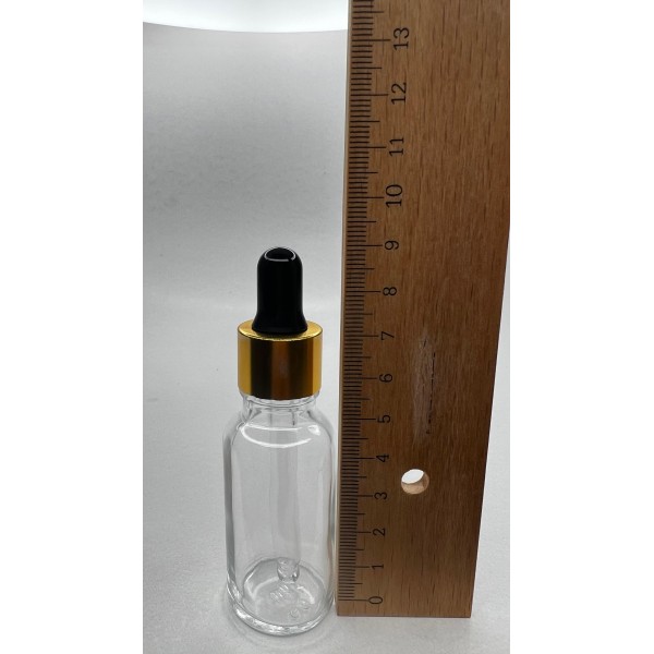 20 ml Şeffaf Cam Damlalıklı Şişe Gold Kapak Siyah Emzik