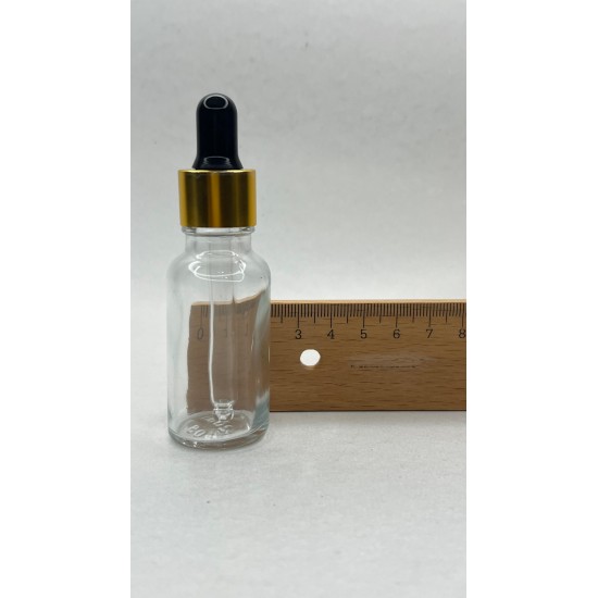 20 ml Şeffaf Cam Damlalıklı Şişe Gold Kapak Siyah Emzik