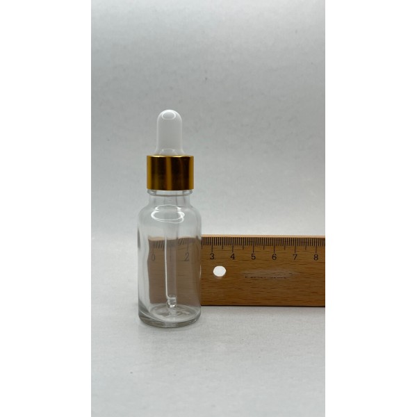 20 ml Şeffaf Cam Damlalıklı Şişe Gold Kapak Beyaz Emzik