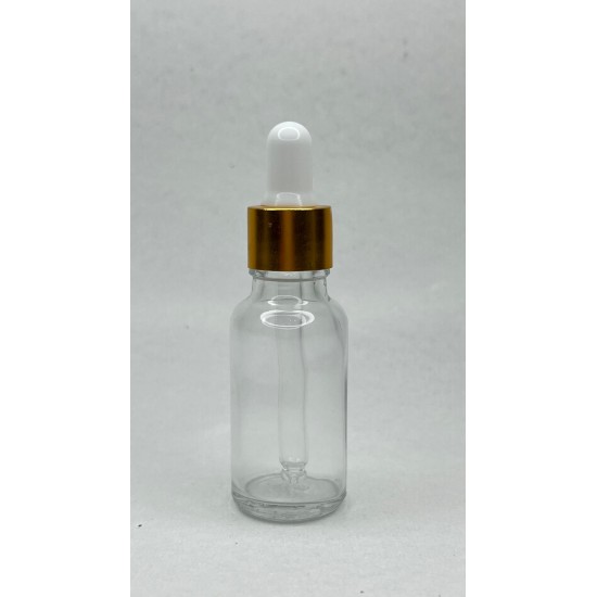 20 ml Şeffaf Cam Damlalıklı Şişe Gold Kapak Beyaz Emzik