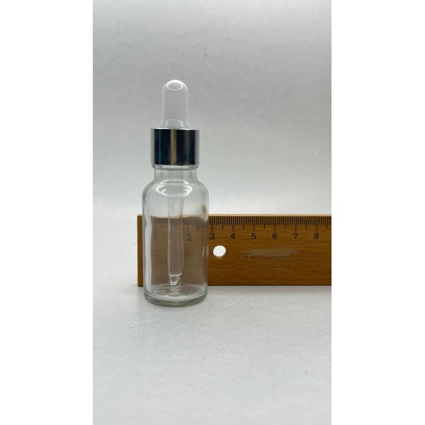 20 ml Şeffaf Cam Damlalıklı Şişe Gümüş Kapak Beyaz Emzik