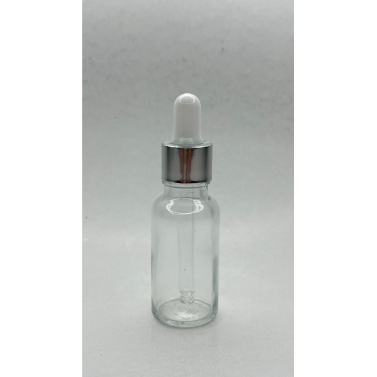 20 ml Şeffaf Cam Damlalıklı Şişe Gümüş Kapak Beyaz Emzik