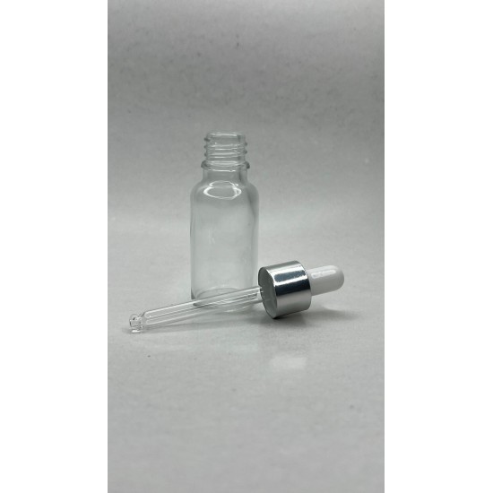 20 ml Şeffaf Cam Damlalıklı Şişe Gümüş Kapak Beyaz Emzik