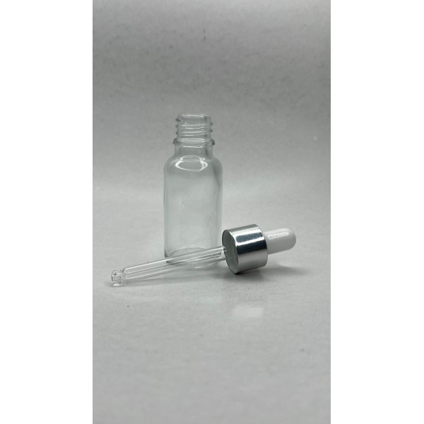20 ml Şeffaf Cam Damlalıklı Şişe Gümüş Kapak Beyaz Emzik