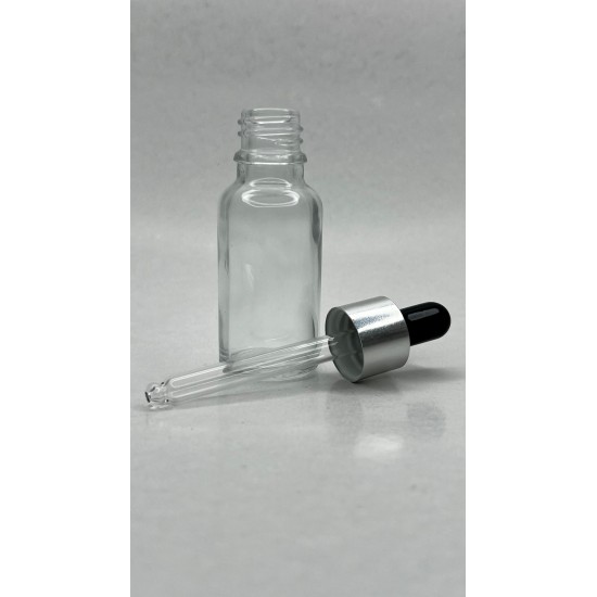 20 ml Şeffaf Cam Damlalıklı Şişe Gümüş Kapak Siyah Emzik