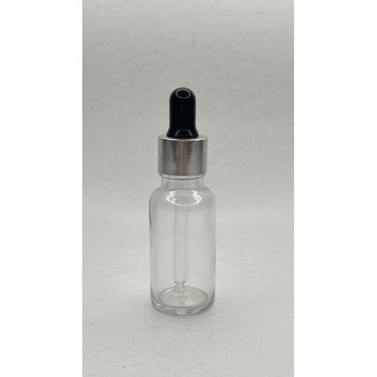 20 ml Şeffaf Cam Damlalıklı Şişe Gümüş Kapak Siyah Emzik