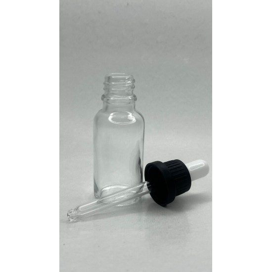20 ml Şeffaf Cam Damlalıklı Şişe Siyah Kapak Beyaz Emzik