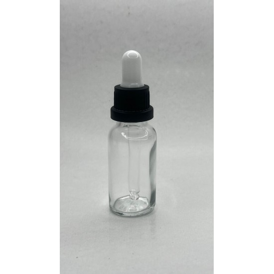 20 ml Şeffaf Cam Damlalıklı Şişe Siyah Kapak Beyaz Emzik