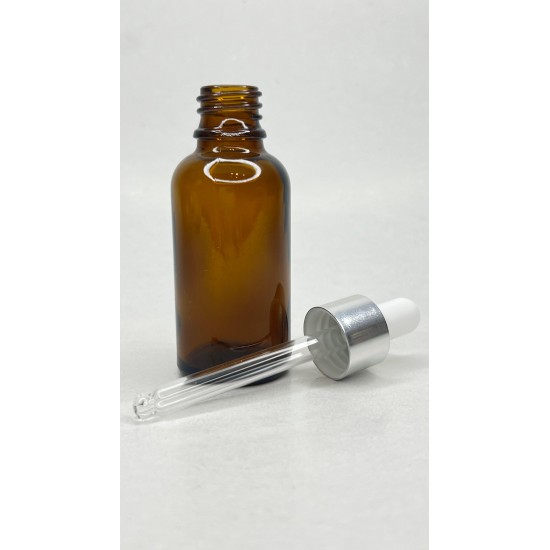 30 ml Kahverengi Cam Damlalıklı Şişe Gümüş Kapak Beyaz Emzik