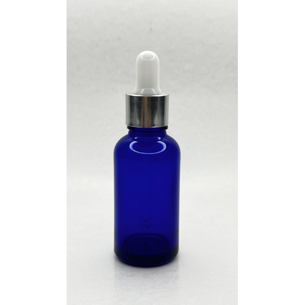 30 ml Mavi Cam Damlalıklı Şişe Gümüş Kapak Beyaz Emzik
