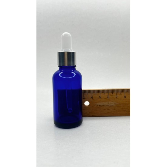 30 ml Mavi Cam Damlalıklı Şişe Gümüş Kapak Beyaz Emzik