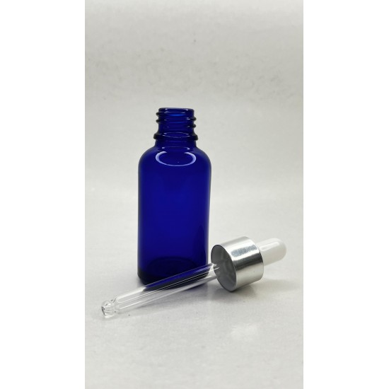 30 ml Mavi Cam Damlalıklı Şişe Gümüş Kapak Beyaz Emzik
