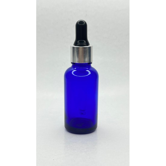 30 ml Mavi Cam Damlalıklı Şişe Gümüş Kapak Siyah Emzik