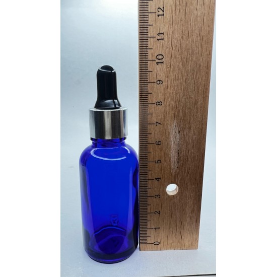 30 ml Mavi Cam Damlalıklı Şişe Gümüş Kapak Siyah Emzik