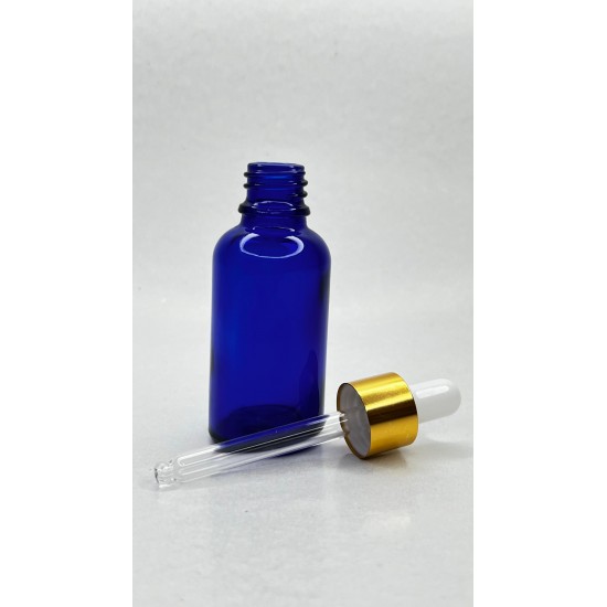 30 ml Mavi Cam Damlalıklı Şişe Gold Kapak Beyaz Emzik