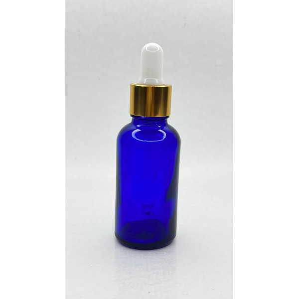30 ml Mavi Cam Damlalıklı Şişe Gold Kapak Beyaz Emzik