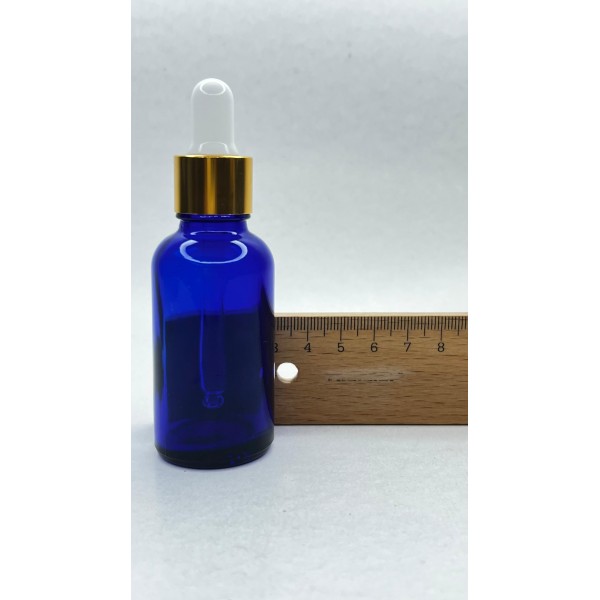 30 ml Mavi Cam Damlalıklı Şişe Gold Kapak Beyaz Emzik