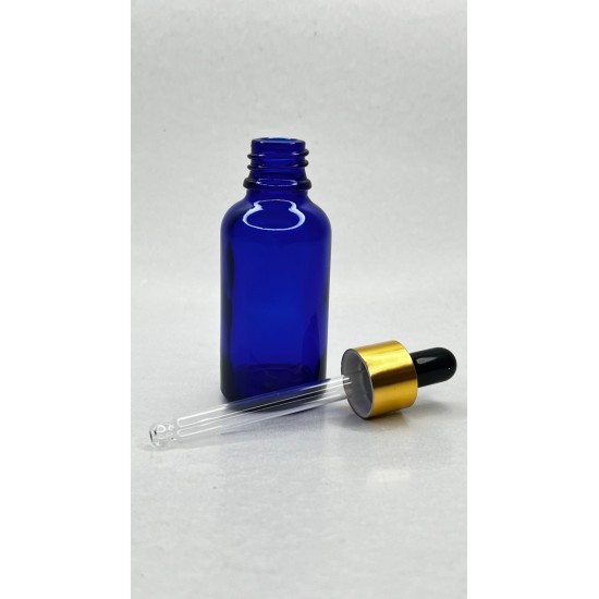 30 ml Mavi Cam Damlalıklı Şişe Gold Kapak Siyah Emzik