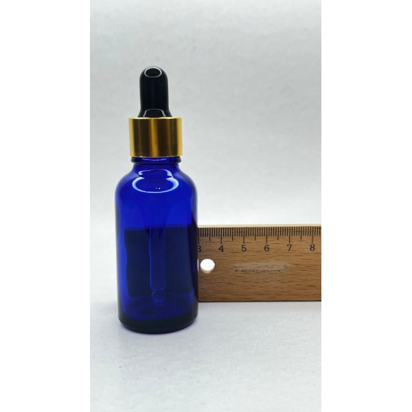 30 ml Mavi Cam Damlalıklı Şişe Gold Kapak Siyah Emzik