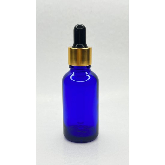 30 ml Mavi Cam Damlalıklı Şişe Gold Kapak Siyah Emzik