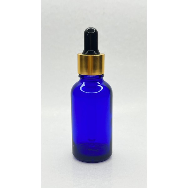 30 ml Mavi Cam Damlalıklı Şişe Gold Kapak Siyah Emzik