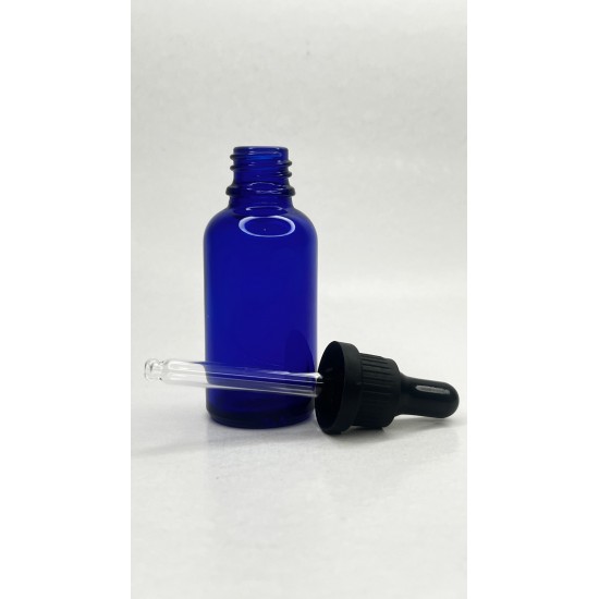 30 ml Mavi Cam Damlalıklı Şişe Siyah Kapak Siyah Emzik