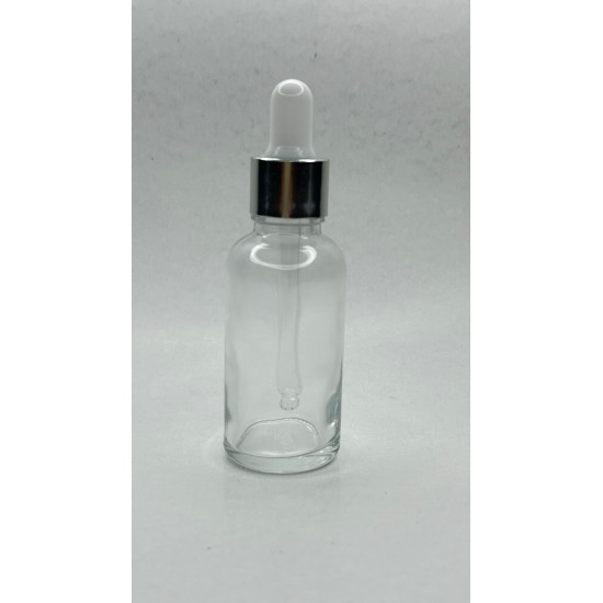30 ml Şeffaf Cam Damlalıklı Şişe Gümüş Kapak Beyaz Emzik