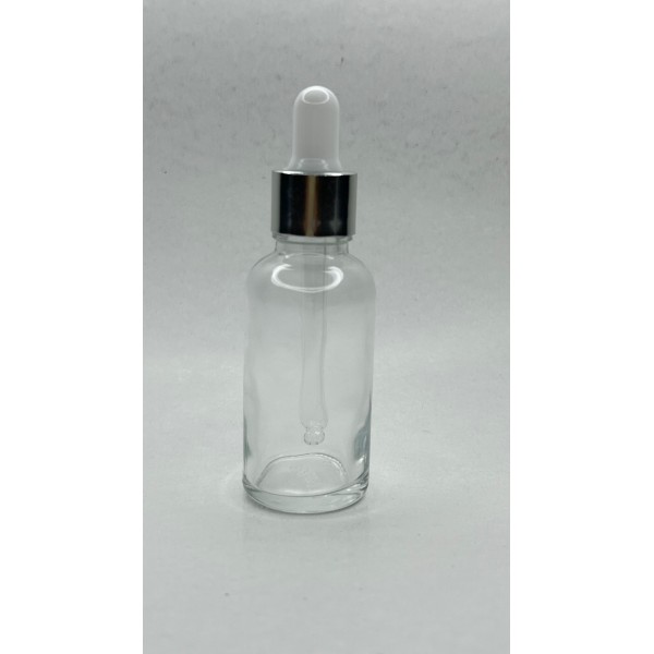 30 ml Şeffaf Cam Damlalıklı Şişe Gümüş Kapak Beyaz Emzik