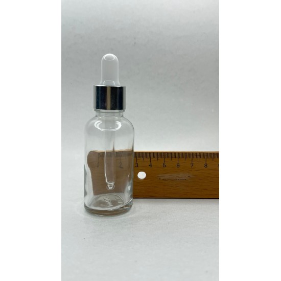 30 ml Şeffaf Cam Damlalıklı Şişe Gümüş Kapak Beyaz Emzik