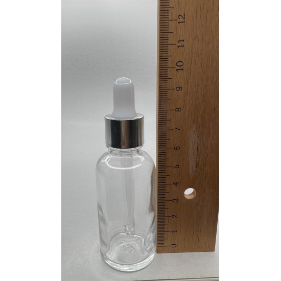 30 ml Şeffaf Cam Damlalıklı Şişe Gümüş Kapak Beyaz Emzik