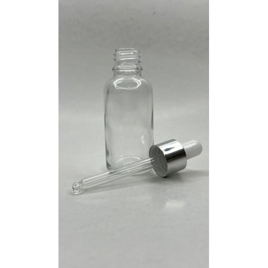 30 ml Şeffaf Cam Damlalıklı Şişe Gümüş Kapak Beyaz Emzik