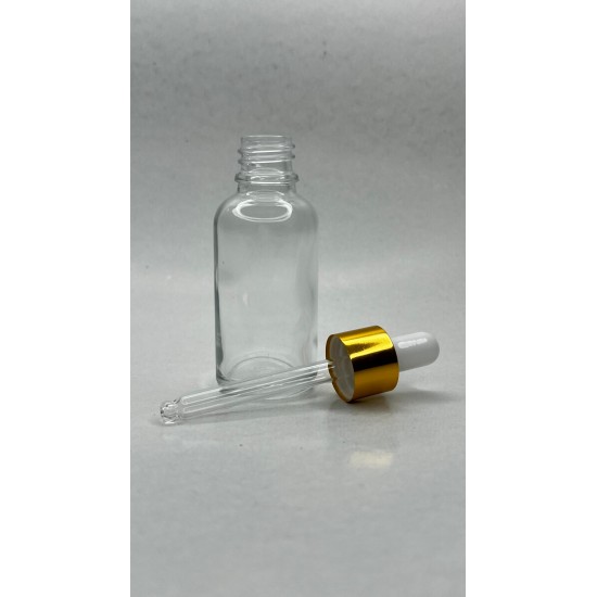 30 ml Şeffaf Cam Damlalıklı Şişe Gold Kapak Beyaz Emzik
