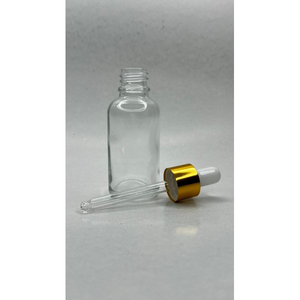 30 ml Şeffaf Cam Damlalıklı Şişe Gold Kapak Beyaz Emzik