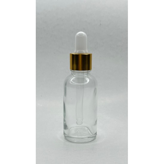 30 ml Şeffaf Cam Damlalıklı Şişe Gold Kapak Beyaz Emzik