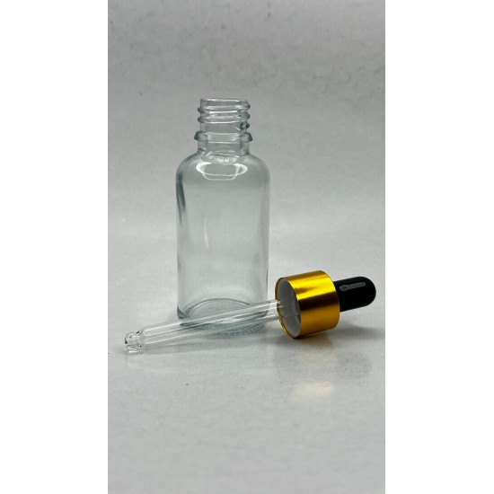 30 ml Şeffaf Cam Damlalıklı Şişe Gold Kapak Siyah Emzik