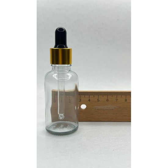30 ml Şeffaf Cam Damlalıklı Şişe Gold Kapak Siyah Emzik
