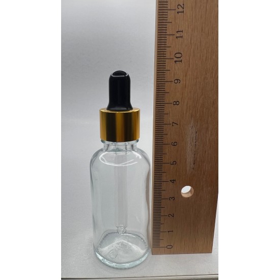 30 ml Şeffaf Cam Damlalıklı Şişe Gold Kapak Siyah Emzik