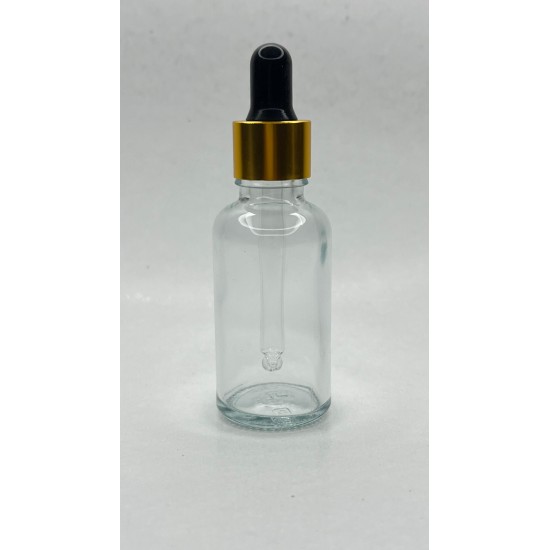 30 ml Şeffaf Cam Damlalıklı Şişe Gold Kapak Siyah Emzik