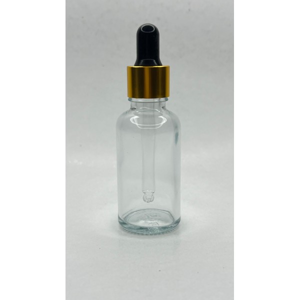30 ml Şeffaf Cam Damlalıklı Şişe Gold Kapak Siyah Emzik