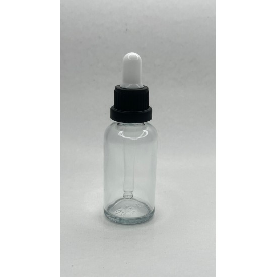 30 ml Şeffaf Cam Damlalıklı Şişe Siyah Kapak Beyaz Emzik