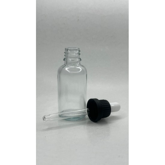 30 ml Şeffaf Cam Damlalıklı Şişe Siyah Kapak Beyaz Emzik