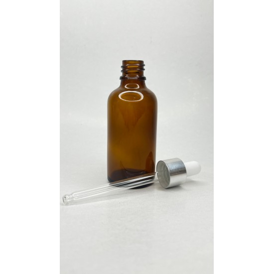50 ml Kahverengi Cam Damlalıklı Şişe Gümüş Kapak Beyaz Emzik