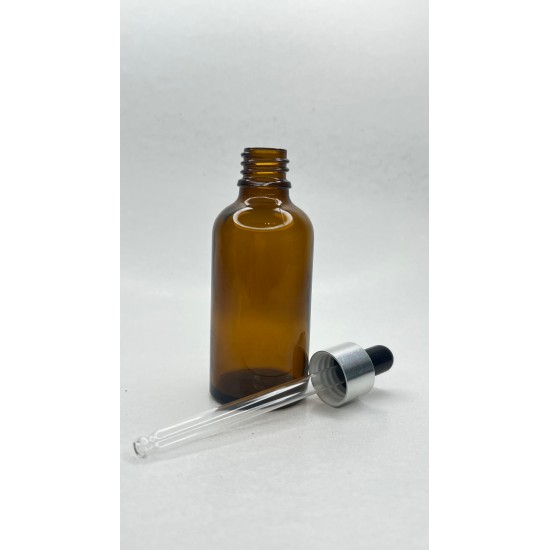 50 ml Kahverengi Cam Damlalıklı Şişe Gümüş Kapak Siyah Emzik