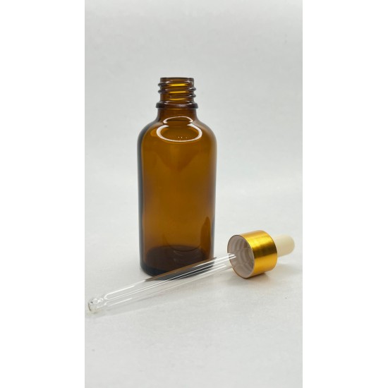 50 ml Kahverengi Cam Damlalıklı Şişe Gold Kapak Beyaz Emzik