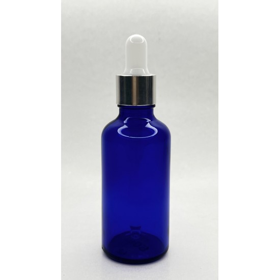 50 ml Mavi Cam Damlalıklı Şişe Gümüş Kapak Beyaz Emzik