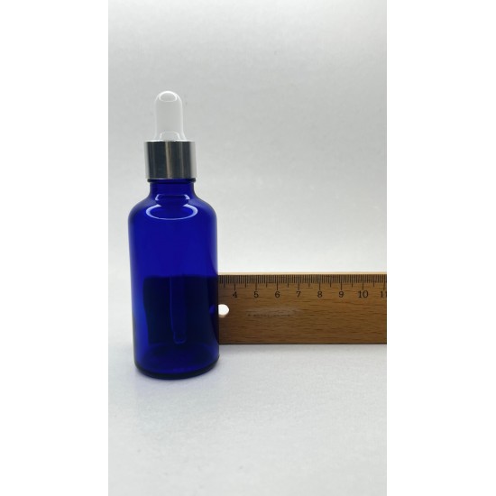 50 ml Mavi Cam Damlalıklı Şişe Gümüş Kapak Beyaz Emzik