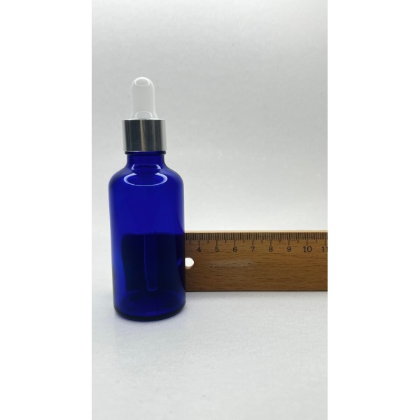 50 ml Mavi Cam Damlalıklı Şişe Gümüş Kapak Beyaz Emzik